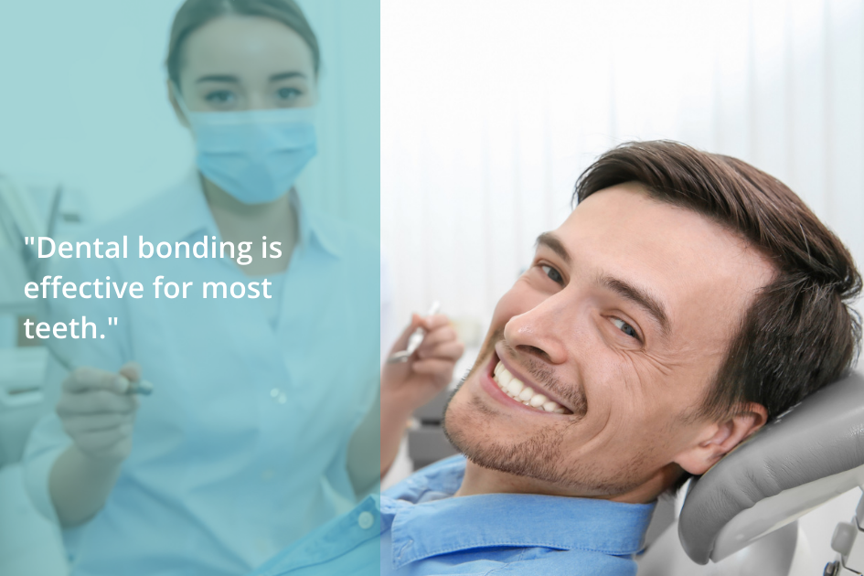 A man is sitting in a dental chair, smiling, while a dentist stands nearby. Text on the image reads, "Dental bonding is an effective and versatile solution for most teeth.