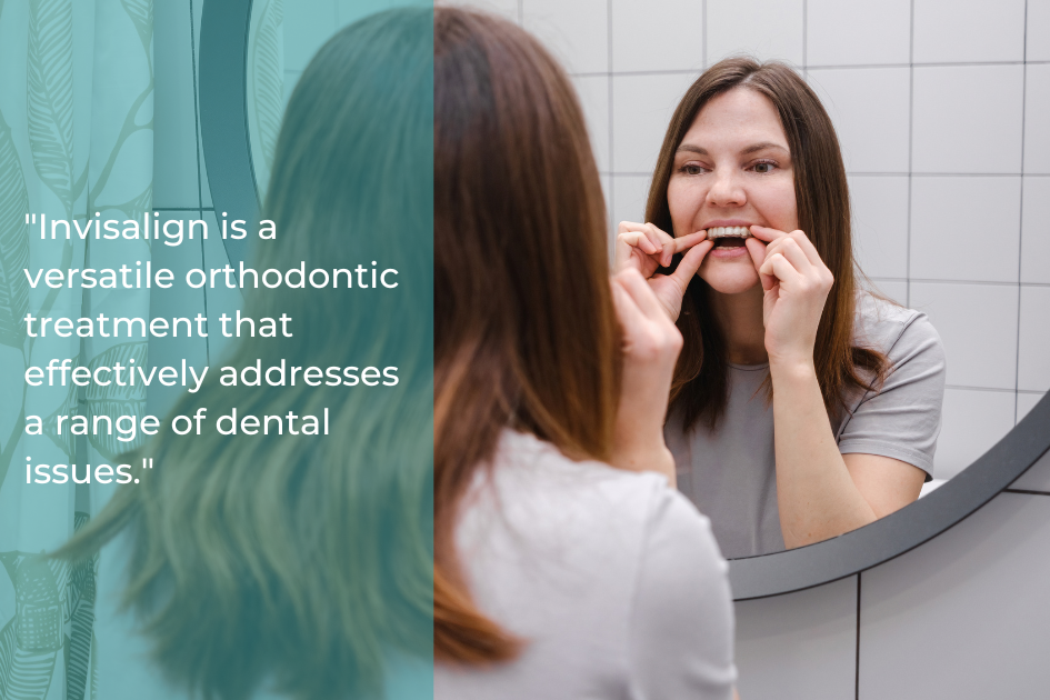 A woman stands in front of a mirror, adjusting her Invisalign clear aligners in a bathroom setting. Text about the benefits of achieving straighter teeth with Invisalign's effectiveness is visible.