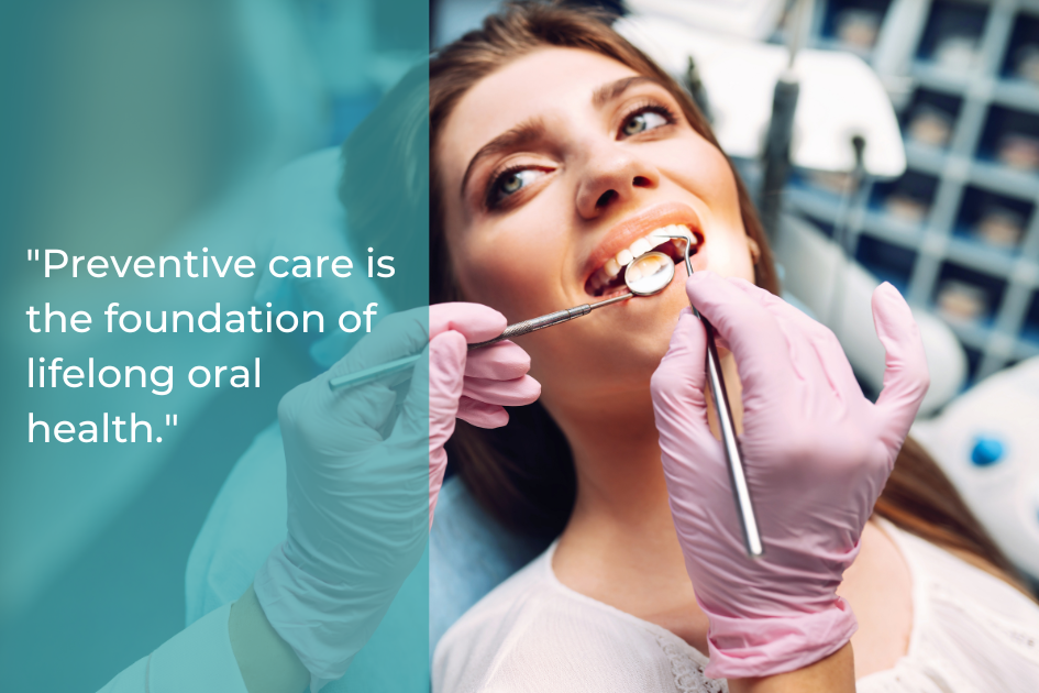 A dentist wearing pink gloves examines a smiling woman's teeth with a dental mirror and probe; a quote about dental cleanings and preventive care appears on the left to emphasize ways to protect teeth.
