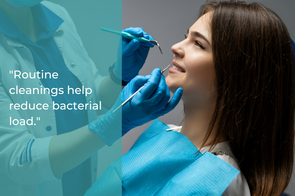 Dentist wearing gloves uses dental instruments to examine a smiling patient, with a quote about routine dental cleanings helping protect your teeth and reduce bacterial load displayed on the left.