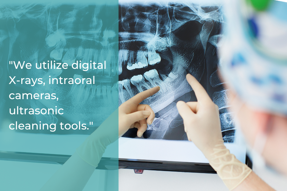 A person wearing gloves points at a dental X-ray image on a screen, highlighting advanced tools like digital X-rays and intraoral cameras—a reminder to choose a dentist who uses modern technology. Dentist in Pflugerville offers this complete guide to better dental care.
