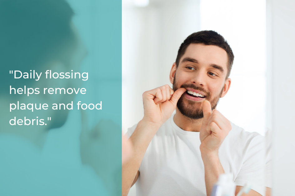 A man stands in front of a bathroom mirror flossing his teeth, accompanied by a text that states, "Daily flossing is a smart habit for adults and supports cavity prevention by removing plaque and food debris.