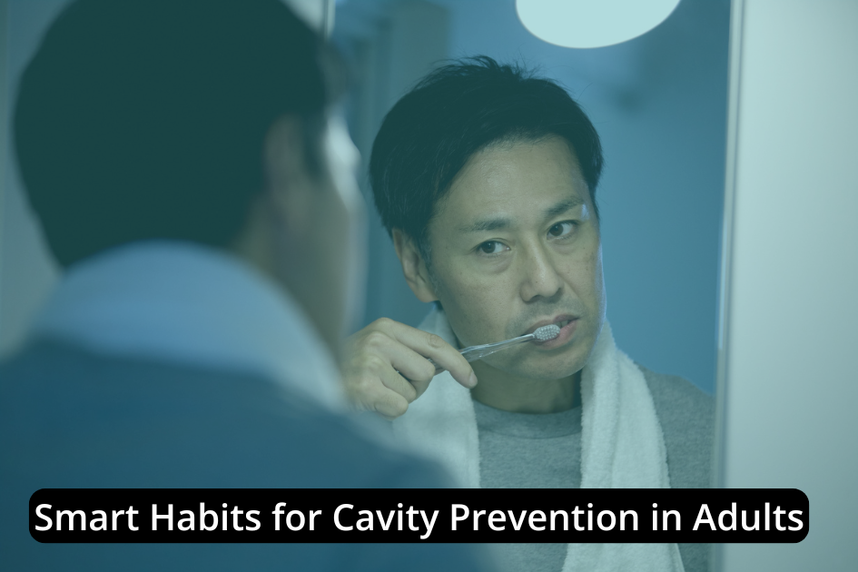 A man with a towel around his neck brushes his teeth in front of a bathroom mirror. Text reads, "Smart habits for cavity prevention in adults.