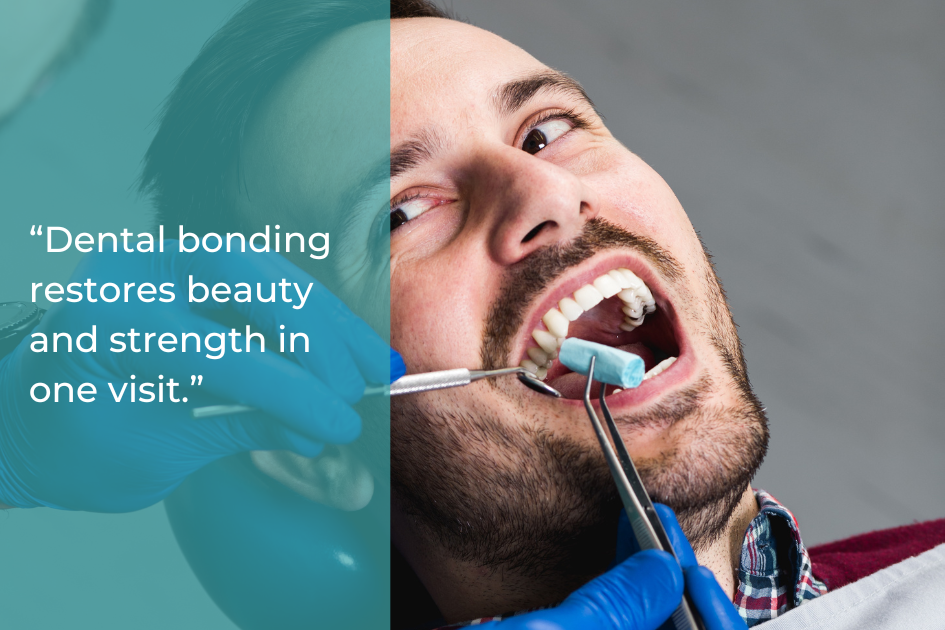 A dentist performs a dental bonding procedure on a man to address chipped teeth, using dental tools while the patient sits with his mouth open. Text about dental bonding is overlaid on the image.
