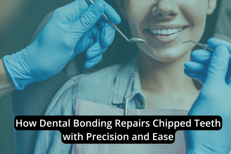 A dentist wearing gloves holds dental tools near a smiling patient's mouth, with text highlighting dental bonding as a solution for chipped teeth.