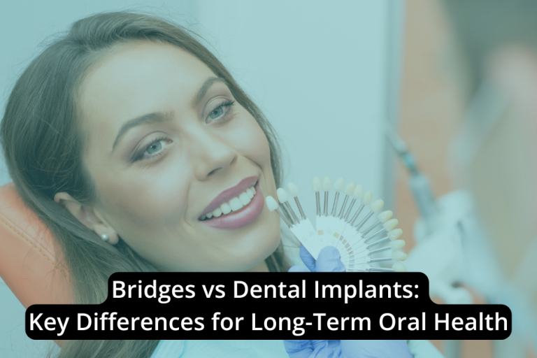 A woman in a dental chair holds a shade guide to her teeth, illustrating Bridges and Dental Implants as treatment options. Overlaid text reads: "Bridges vs Dental Implants: Key Differences for Long-Term Oral Health.
