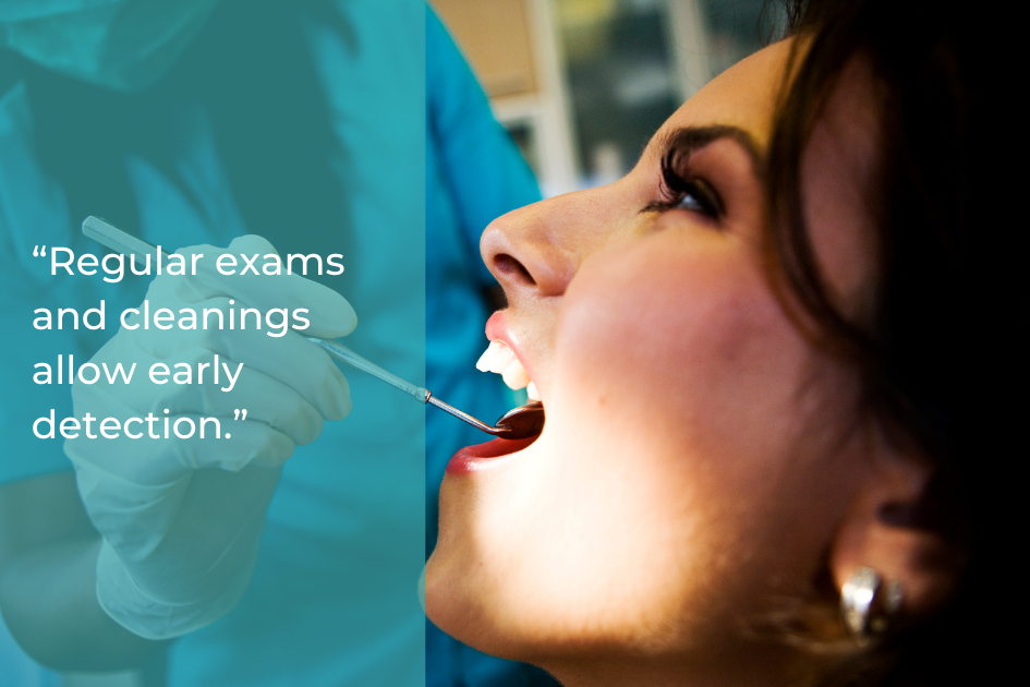 A dentist in blue scrubs examines a woman's open mouth with a dental tool; overlaid text reads, “Start the new year right—regular exams and cleanings are key to a healthy smile.”.