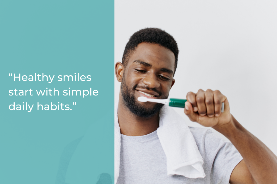 Man with a towel over his shoulder holds a toothbrush and smiles, alongside text reading, "Celebrate Dental Health Month—healthy smiles start with simple daily habits.