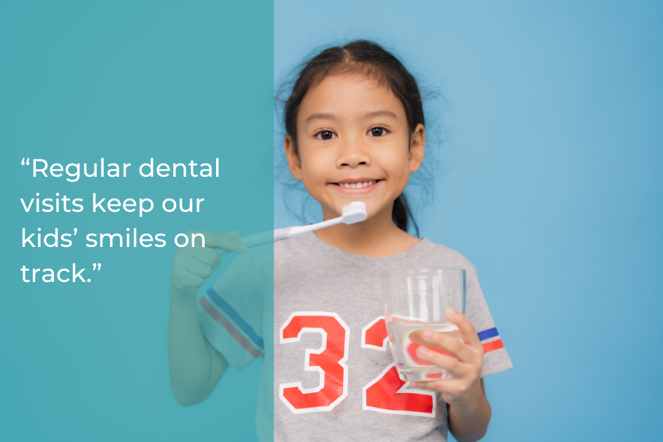Young girl holding a toothbrush and a glass of water, smiling, with a quote promoting healthy smiles and regular dental visits for children's oral health displayed beside her—perfect inspiration for families this Dental Health Month.